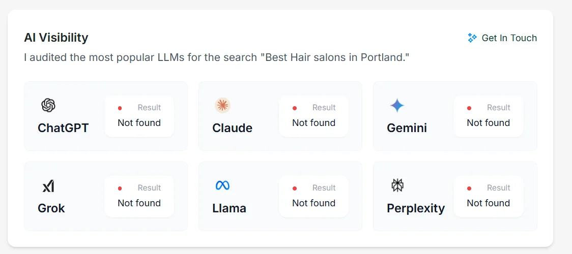 AI visibility audit result showing six AI assistants all reporting the business as not found for a local search