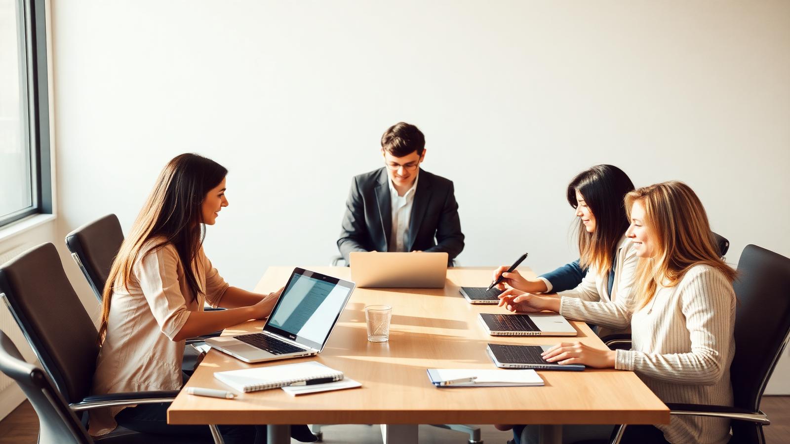 A small business team meeting with a partner around a conference table