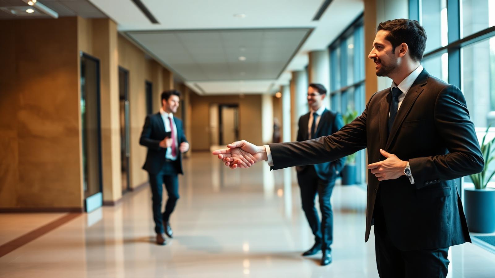 Two business owners shaking hands in an office lobby after a meeting
