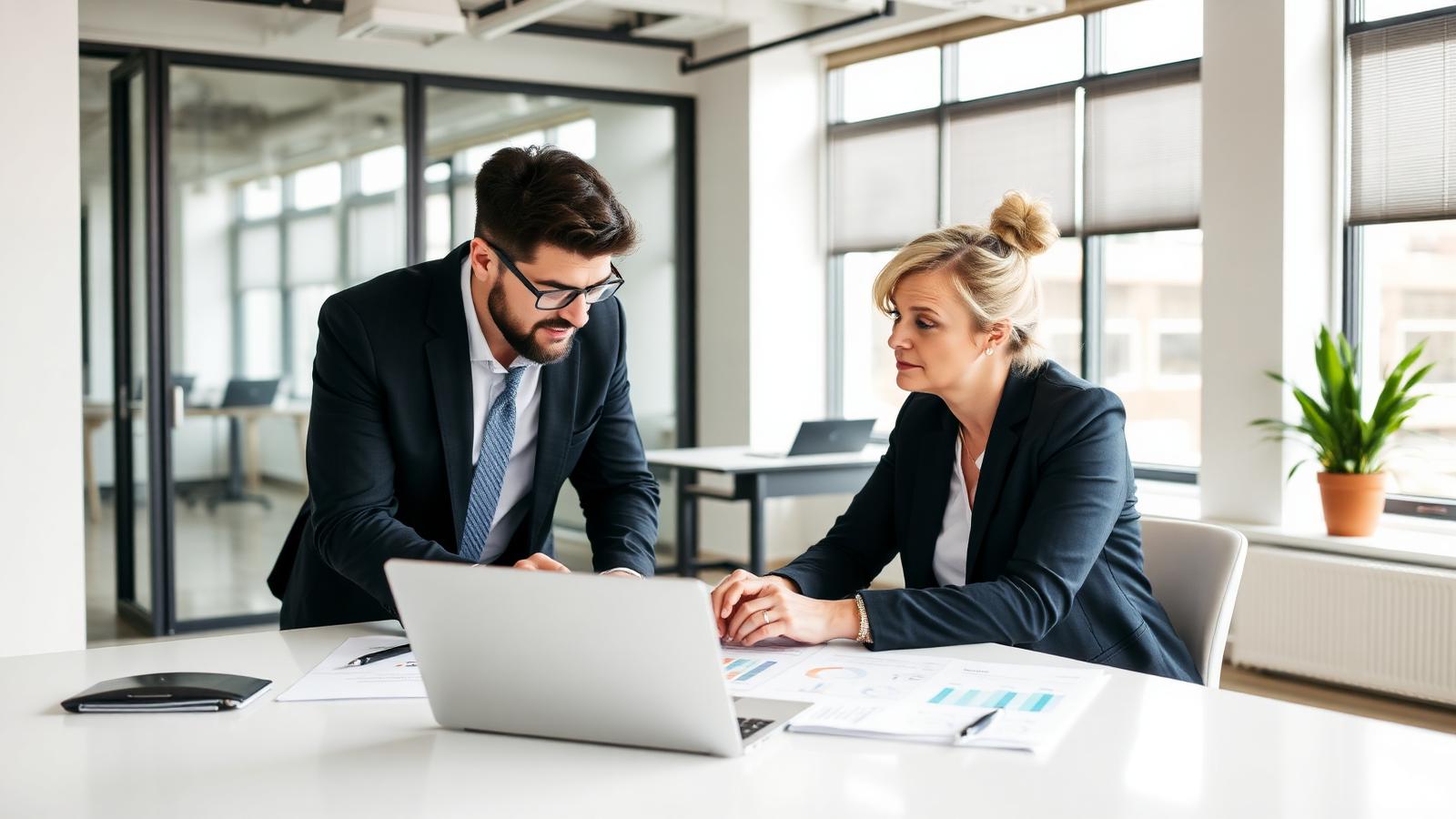 A marketing consultant and a business owner reviewing a local marketing plan on a laptop