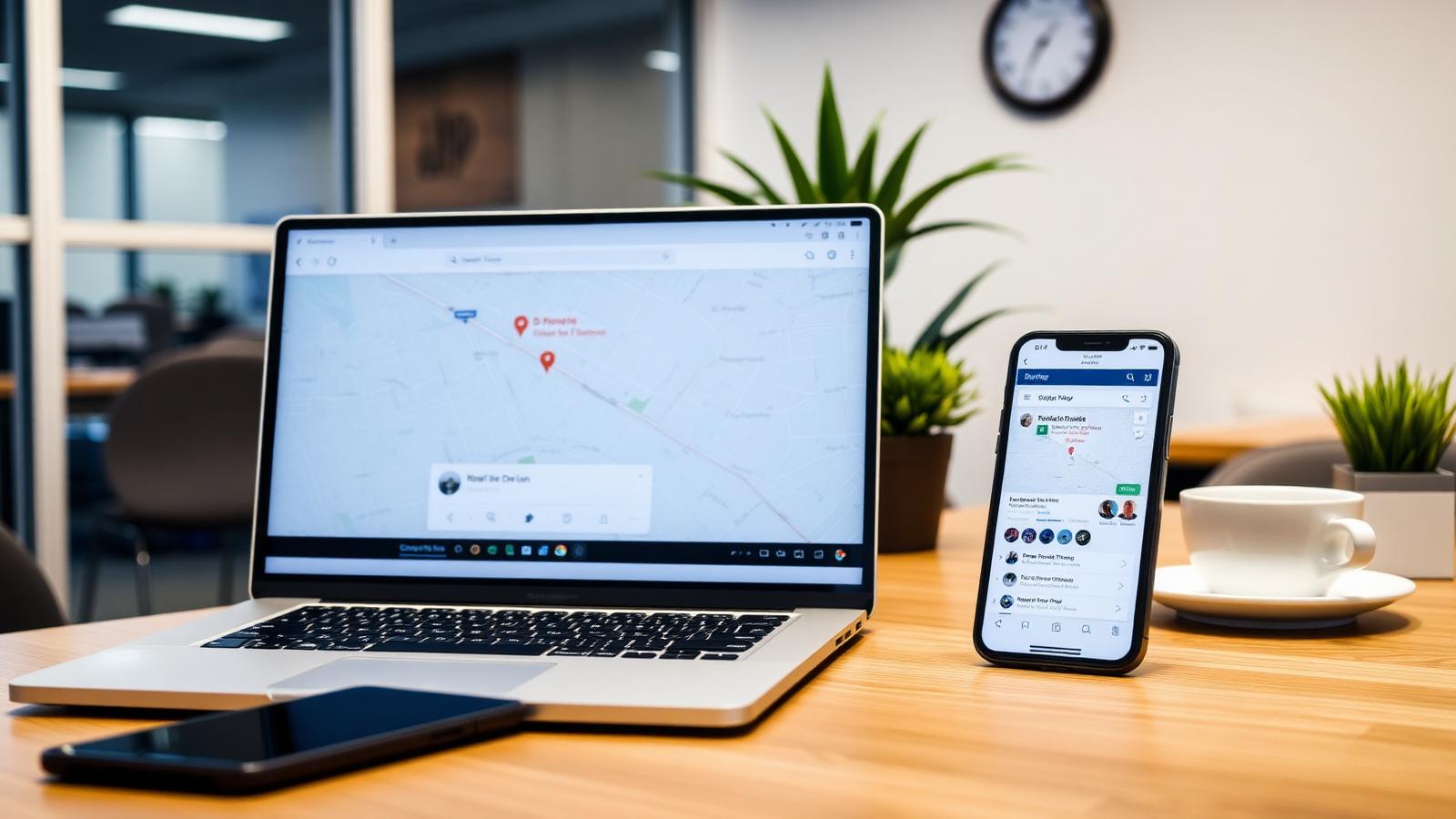 A laptop showing a local map search beside a phone with business listings on a desk