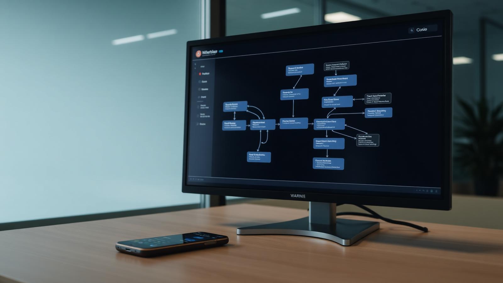 A monitor showing an automated marketing workflow diagram beside a phone on a desk