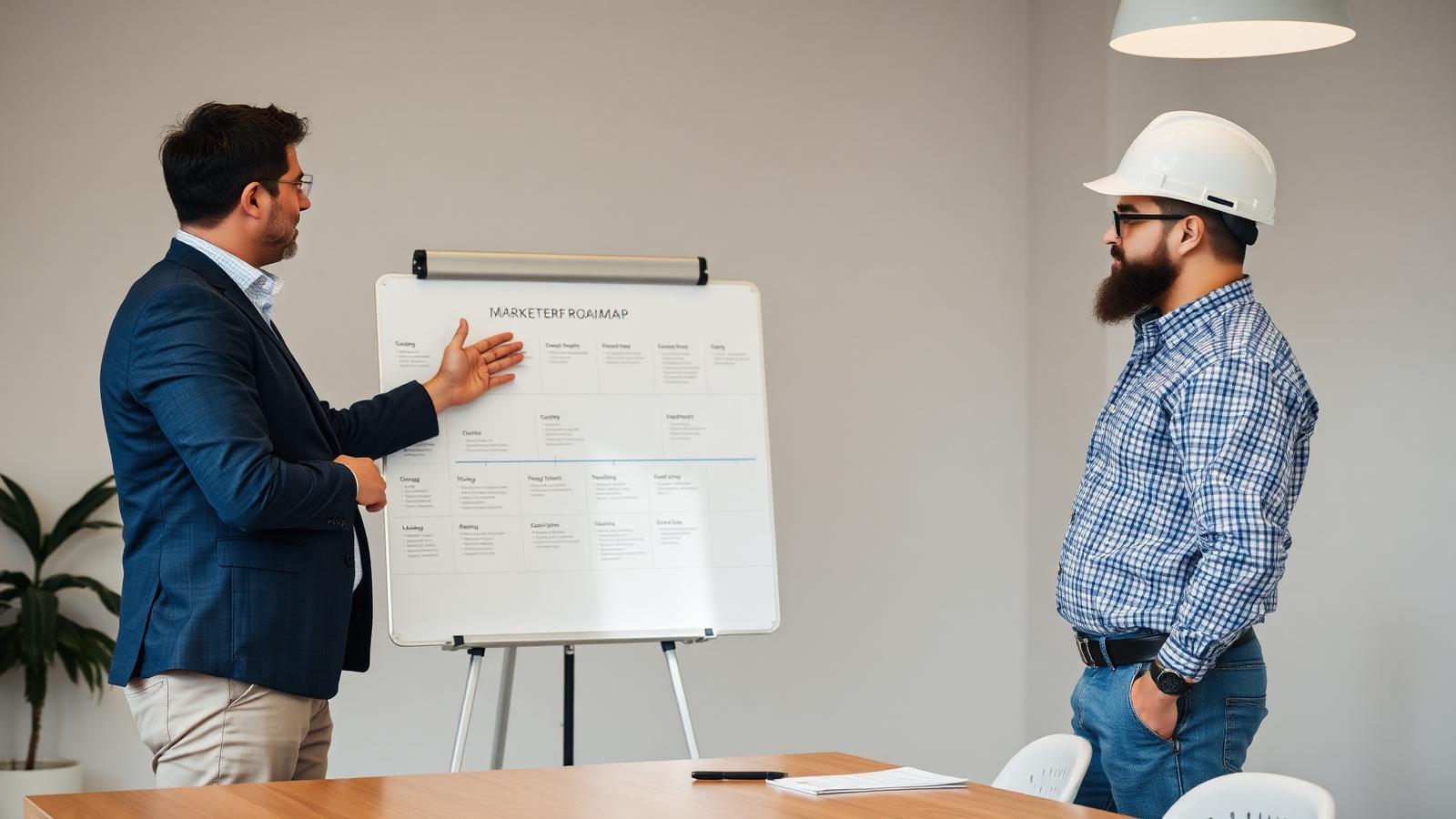 A marketing consultant explaining a roadmap on a whiteboard to a contractor
