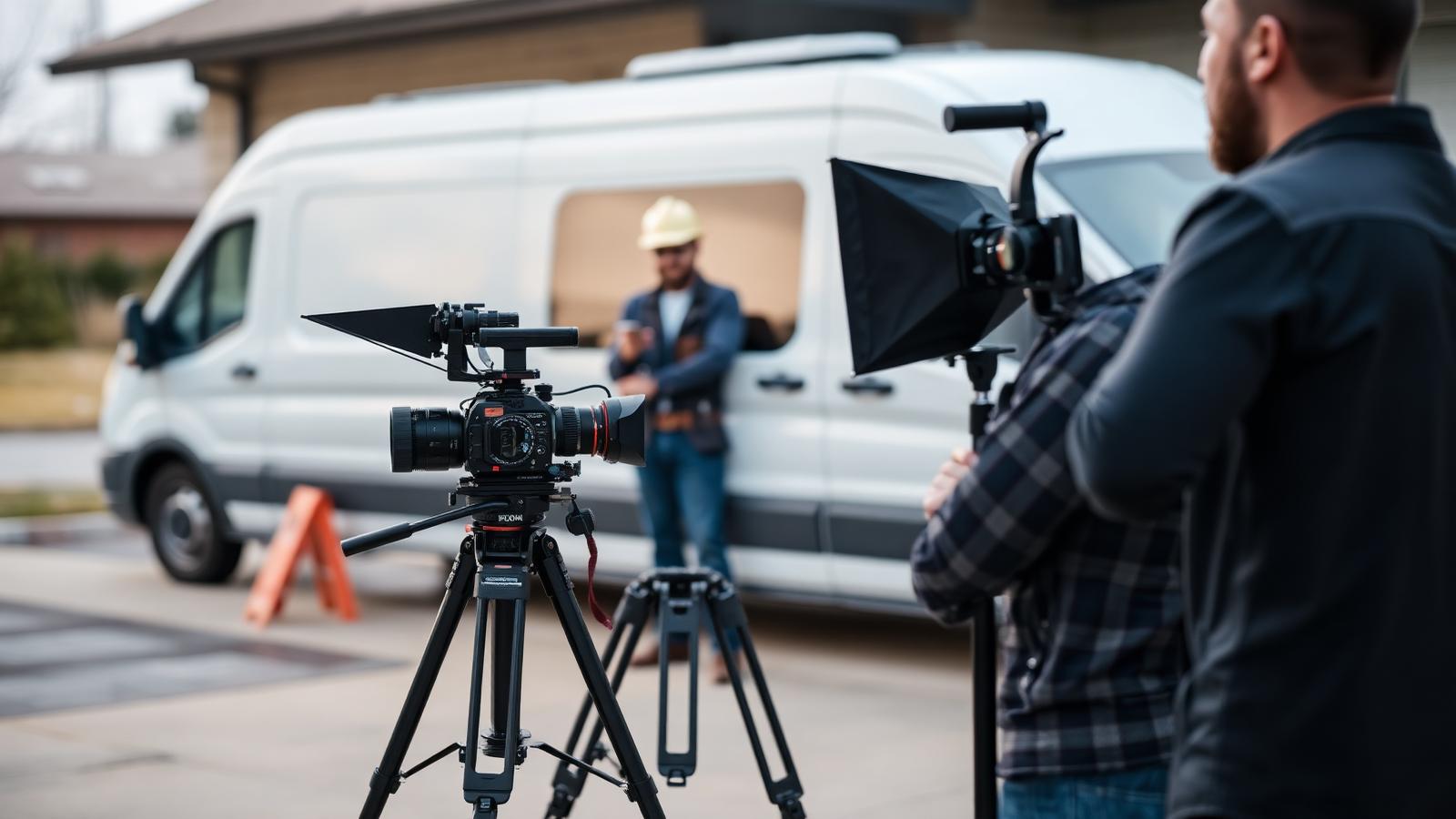 A camera on a tripod filming a contractor beside a service van on a job site