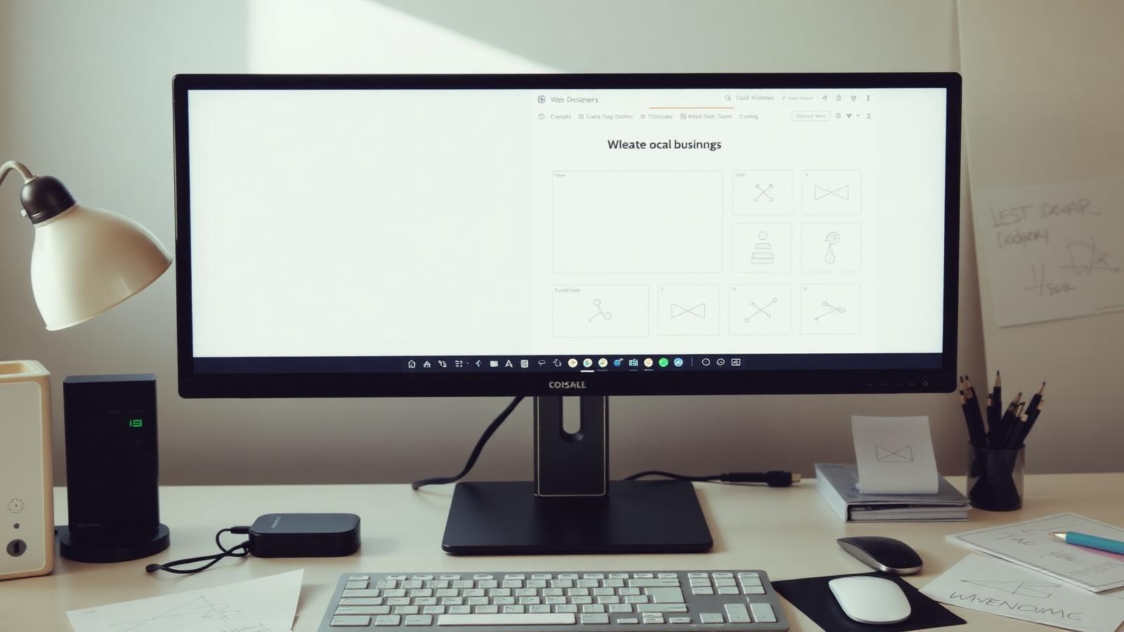 A wide monitor on a designer's desk showing a clean local business website layout