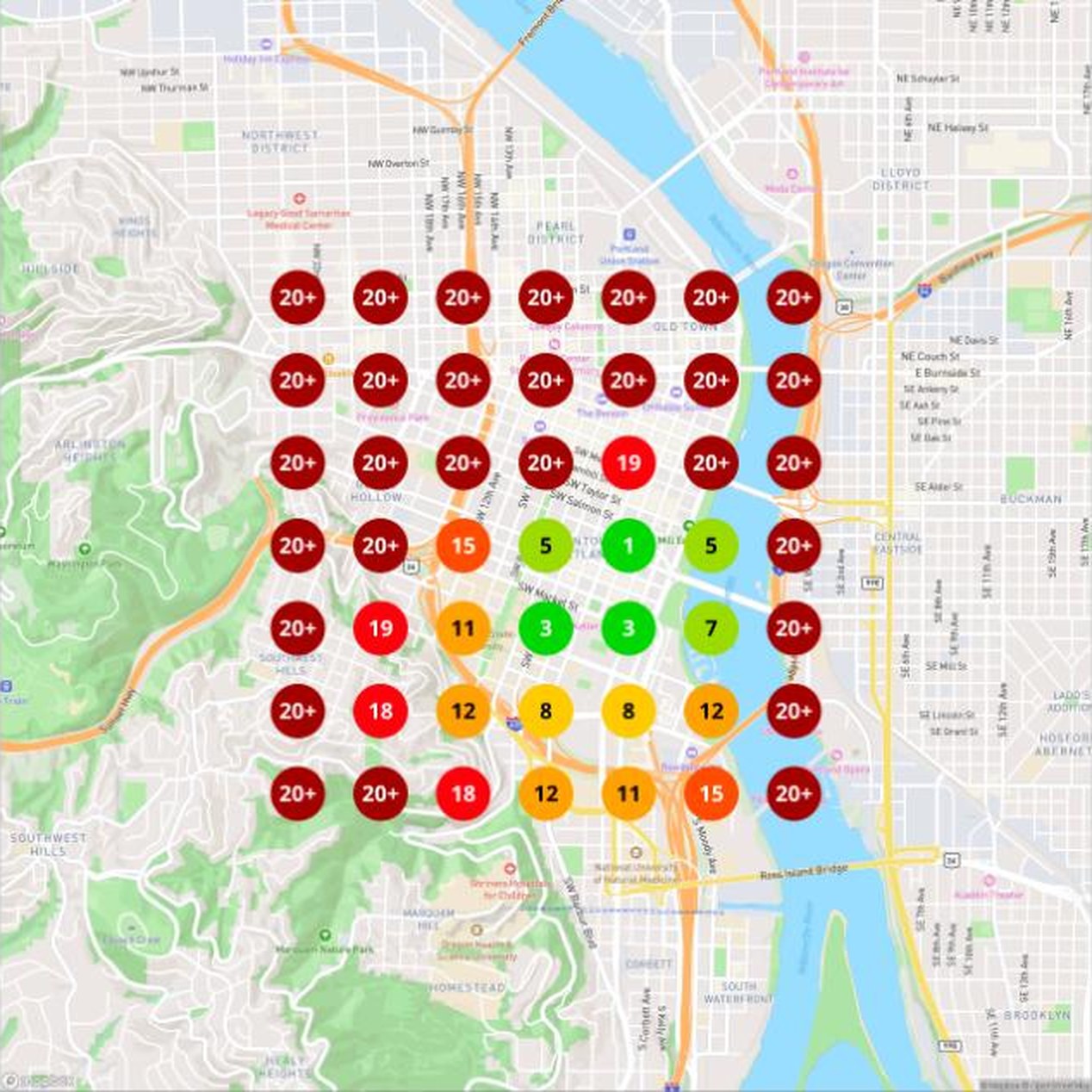 Geo-grid heatmap showing local pack visibility across a Portland service area — green near the business, red 20+ outside a few blocks