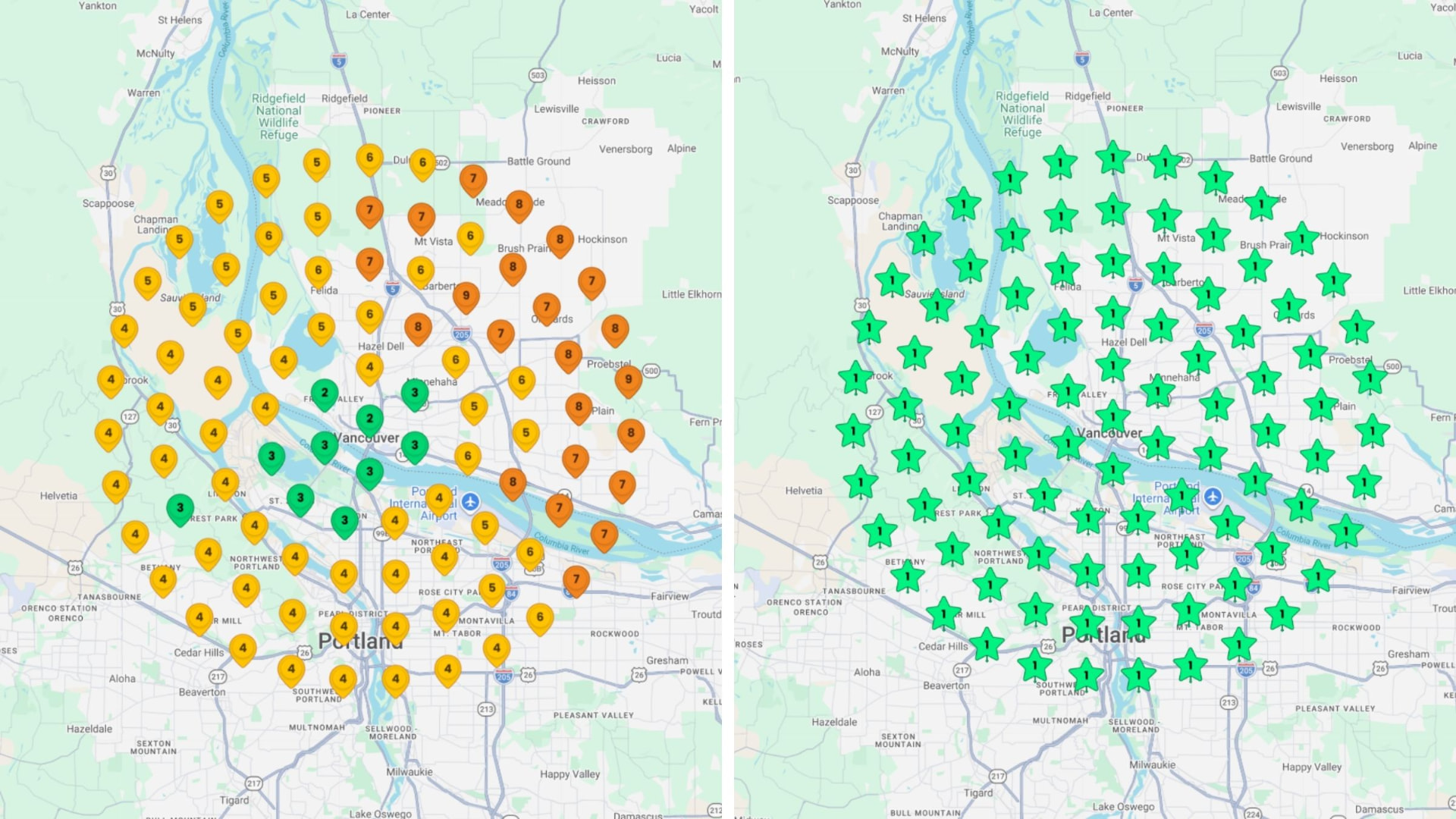 Before and after map-pack ranking grids for a couples therapy practice in Vancouver, Washington and Portland, Oregon