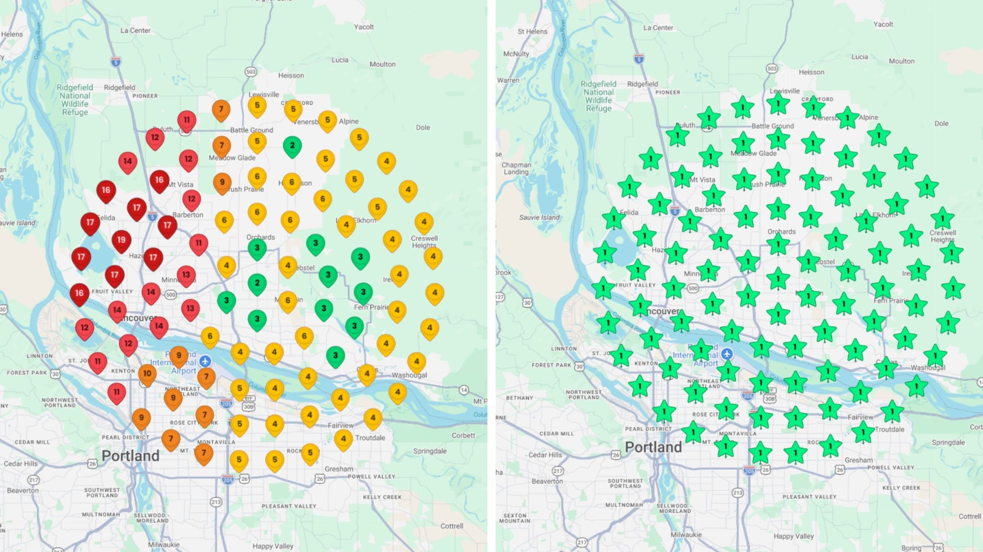 Before and after map-pack ranking grids for a dog grooming and self-service wash business in Vancouver, Washington