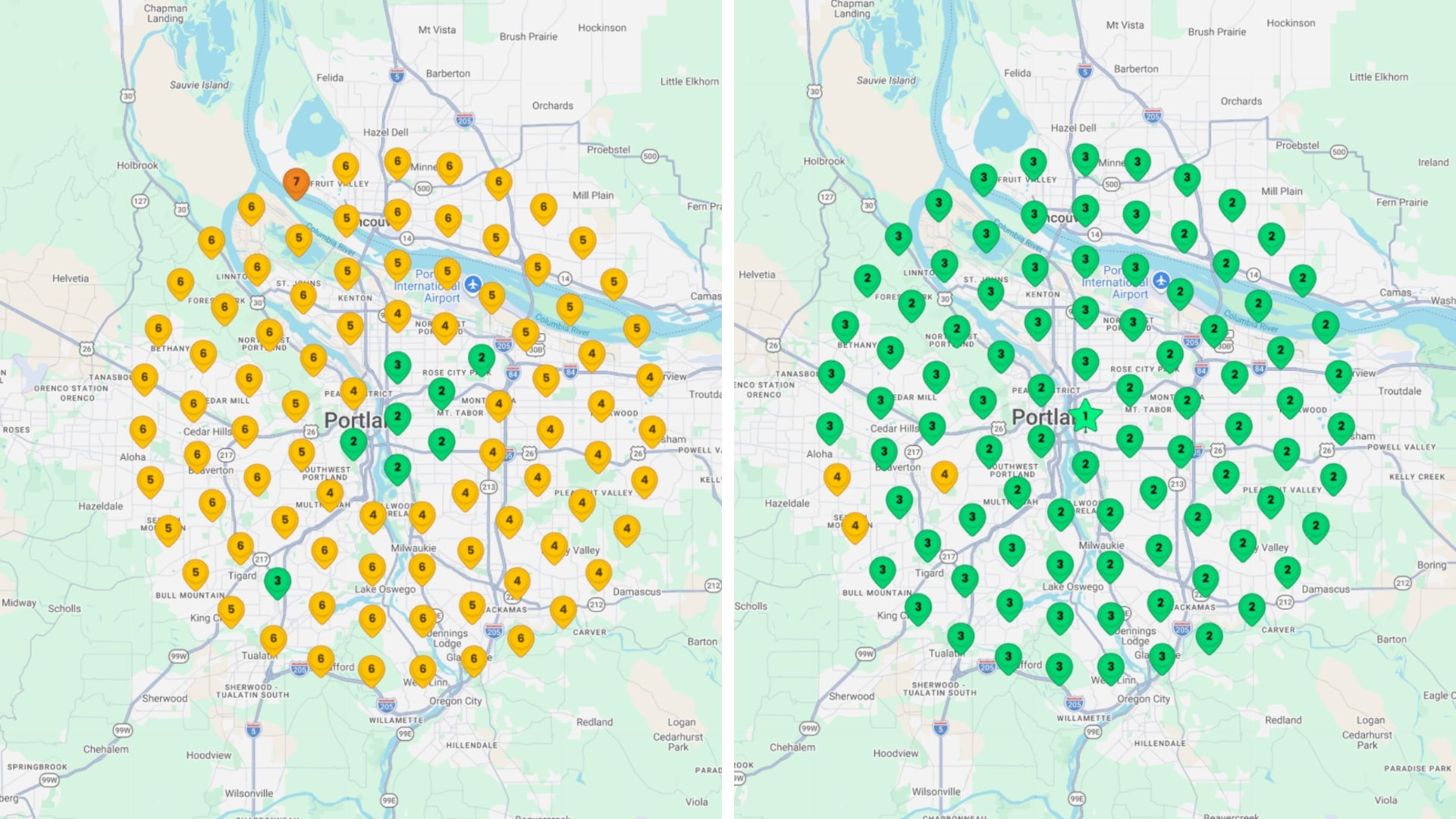 Before and after map-pack ranking grids for an eating disorder treatment center in Portland, Oregon