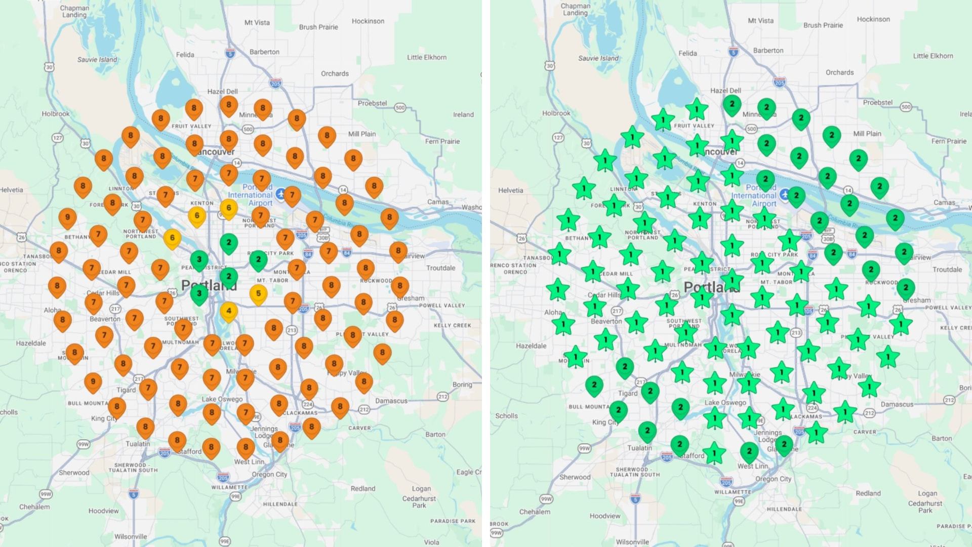 Before and after map-pack ranking grids for an elevator and stair lift company in Portland, Oregon