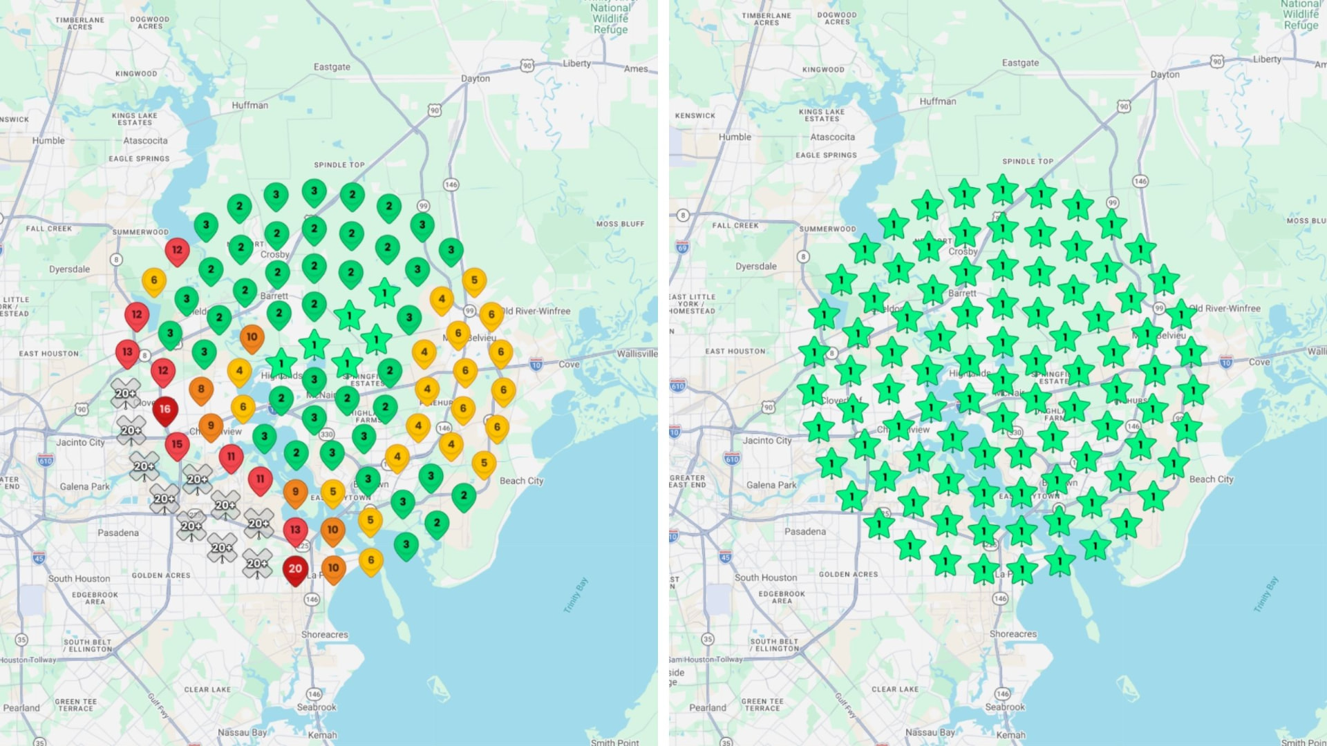 Before and after map-pack ranking grids for a forklift dealer in Baytown and Houston, Texas