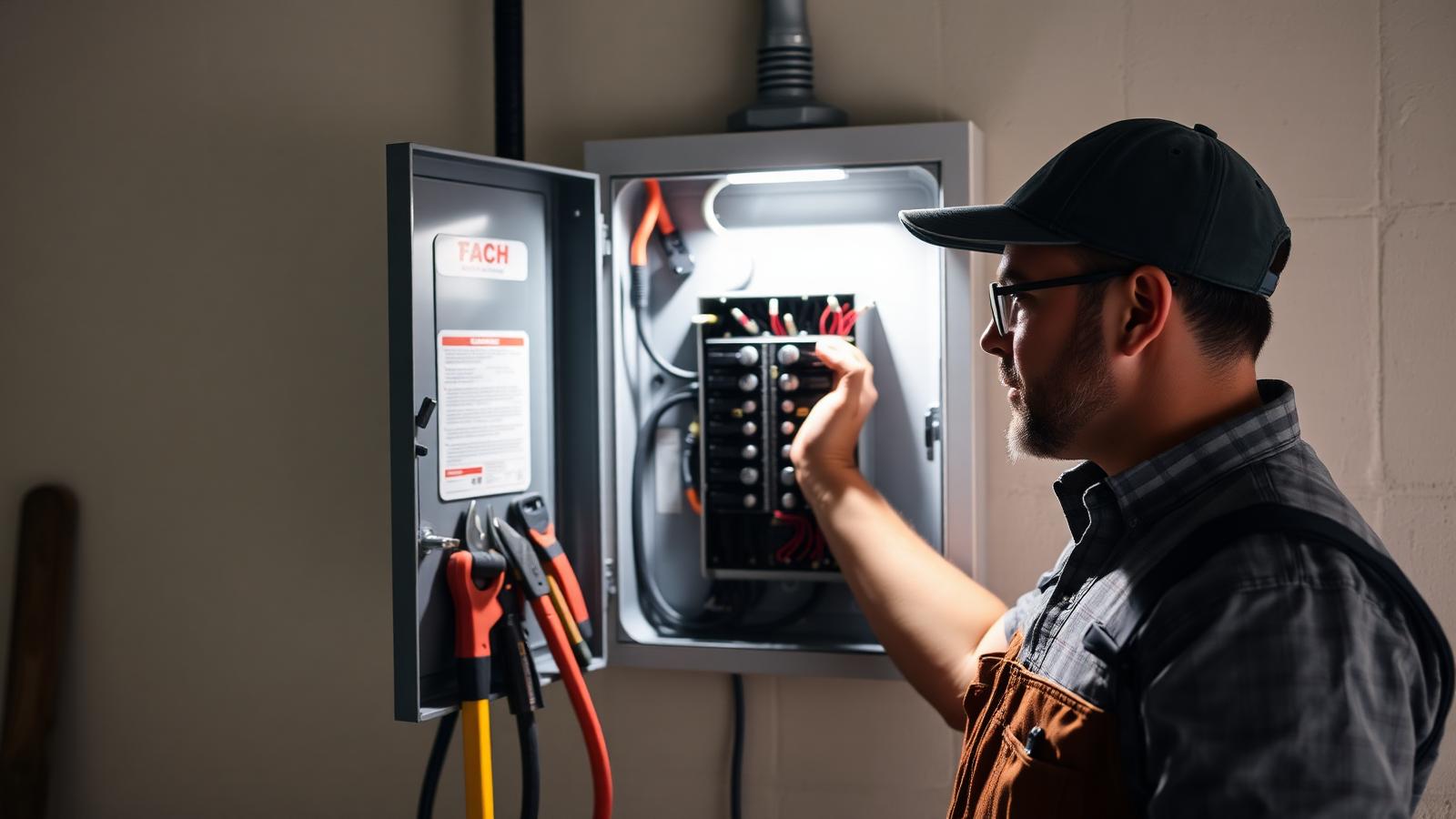 Licensed electrician working inside a residential electrical panel