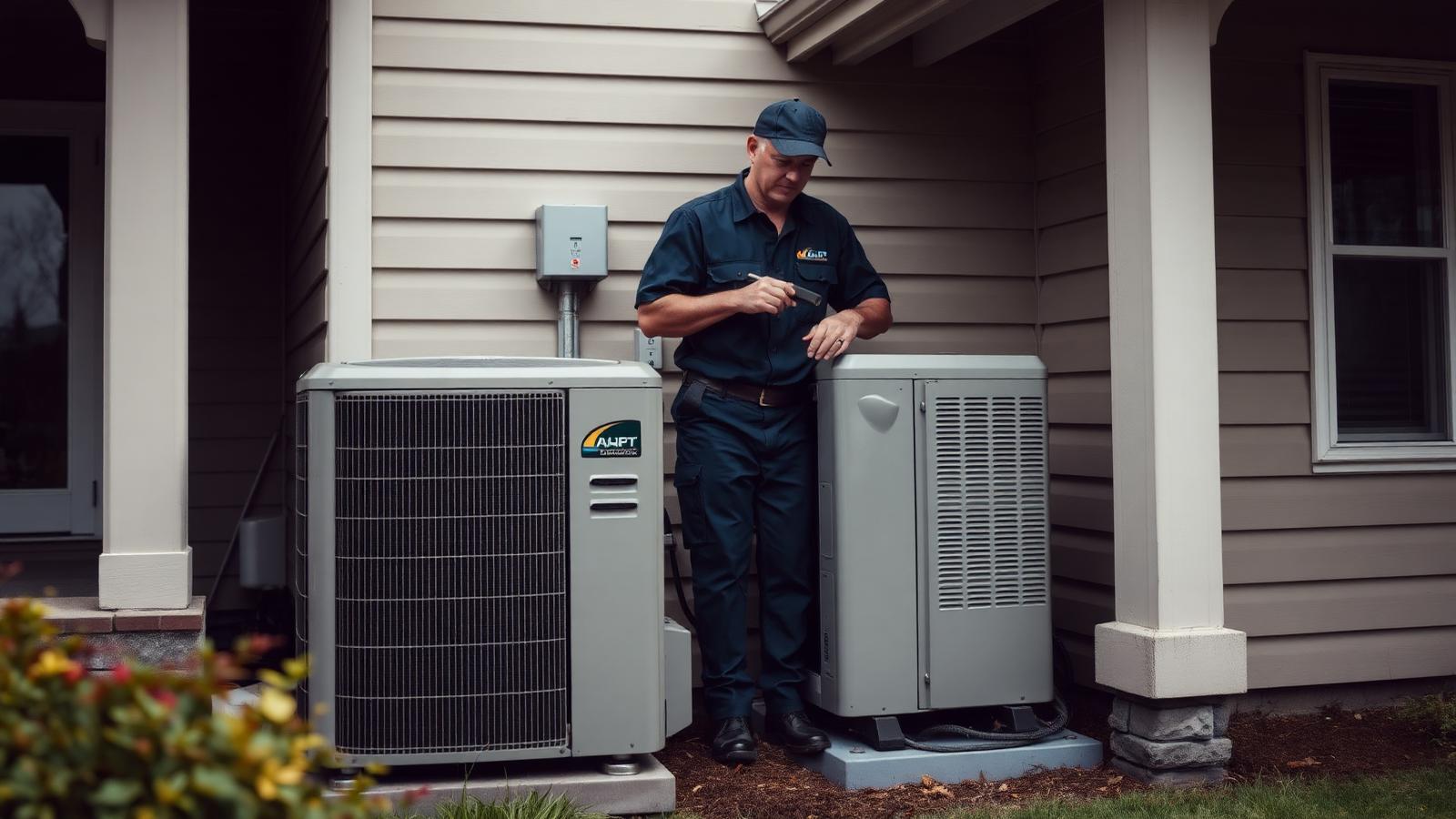 HVAC technician servicing an outdoor heat pump at a Vancouver WA home