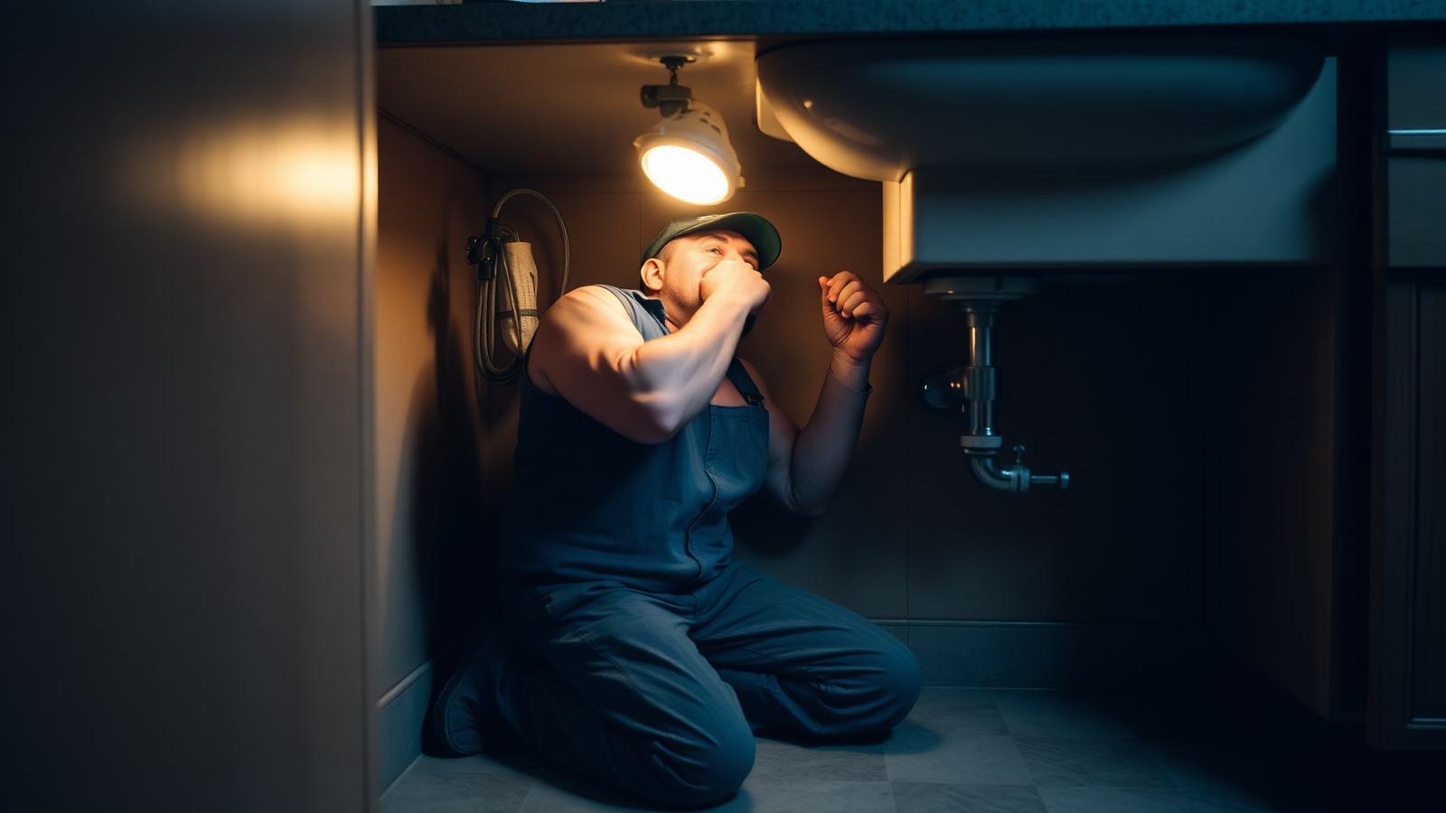 Plumber working under a kitchen sink in an older Vancouver WA home