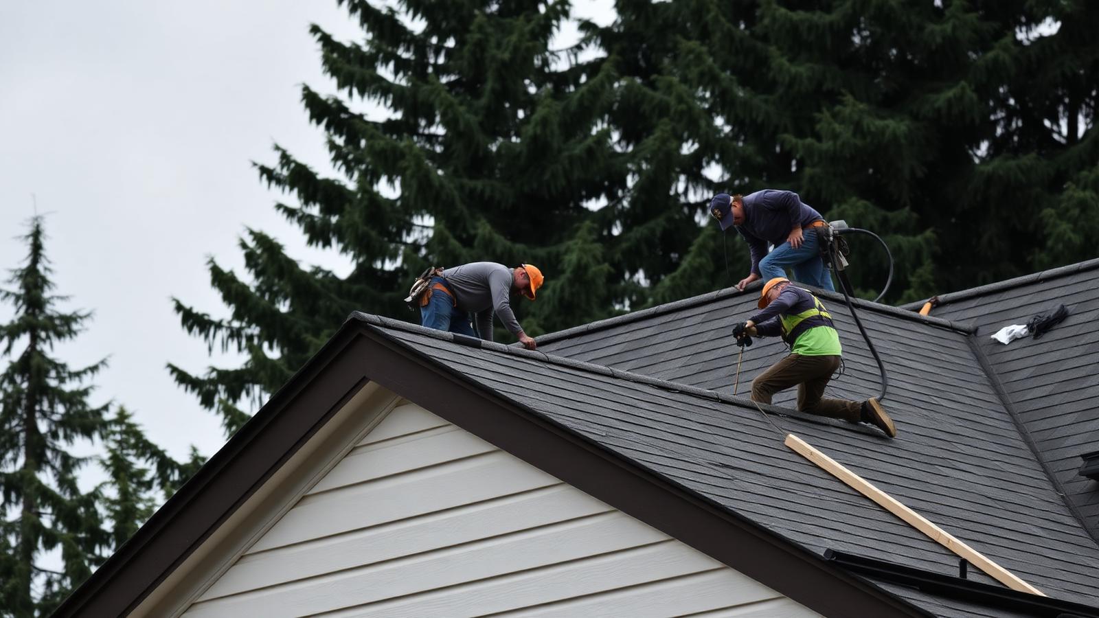 Roofing crew installing shingles on a Pacific Northwest home