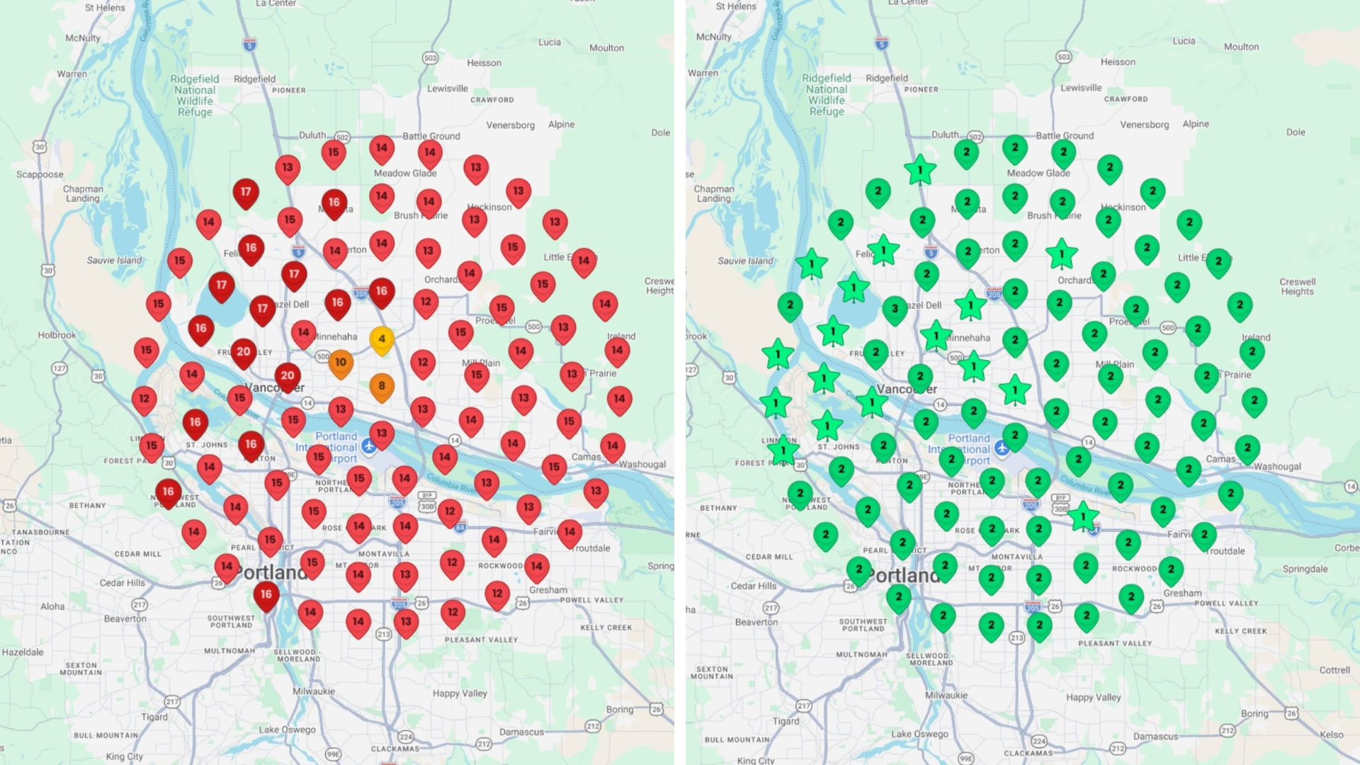 Before and after map-pack ranking grids for our own local SEO and AI visibility agency in Vancouver, Washington