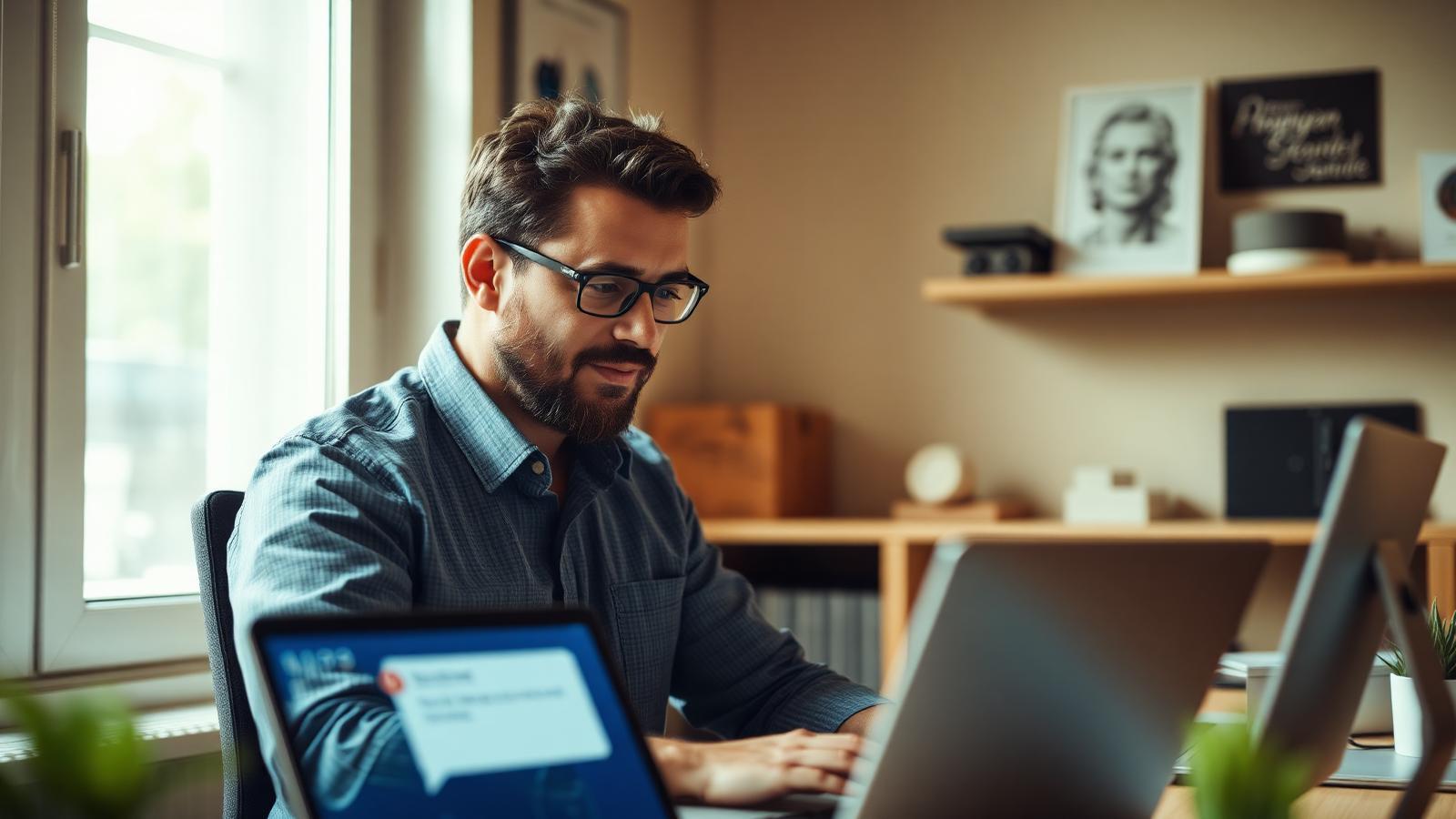 A contractor reading an AI assistant answer on a laptop in a small office
