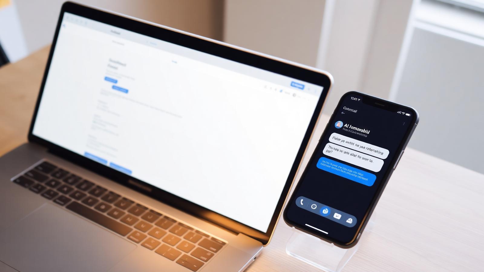 A laptop showing a structured web page next to a phone showing an AI assistant answer