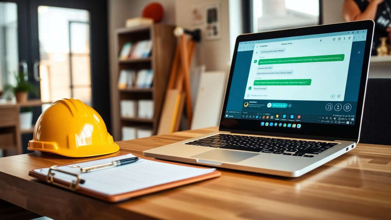 Laptop showing an AI assistant conversation on a contractor front office desk beside a hard hat