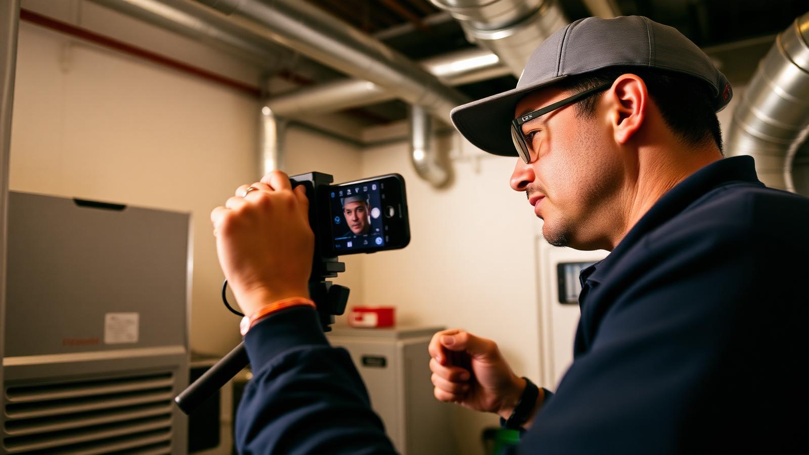 HVAC technician filming a short clip on a phone rig in a mechanical room