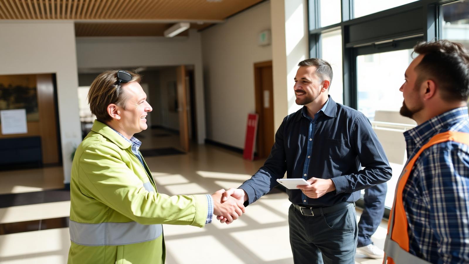 Property manager shaking hands with a contractor in an office building lobby