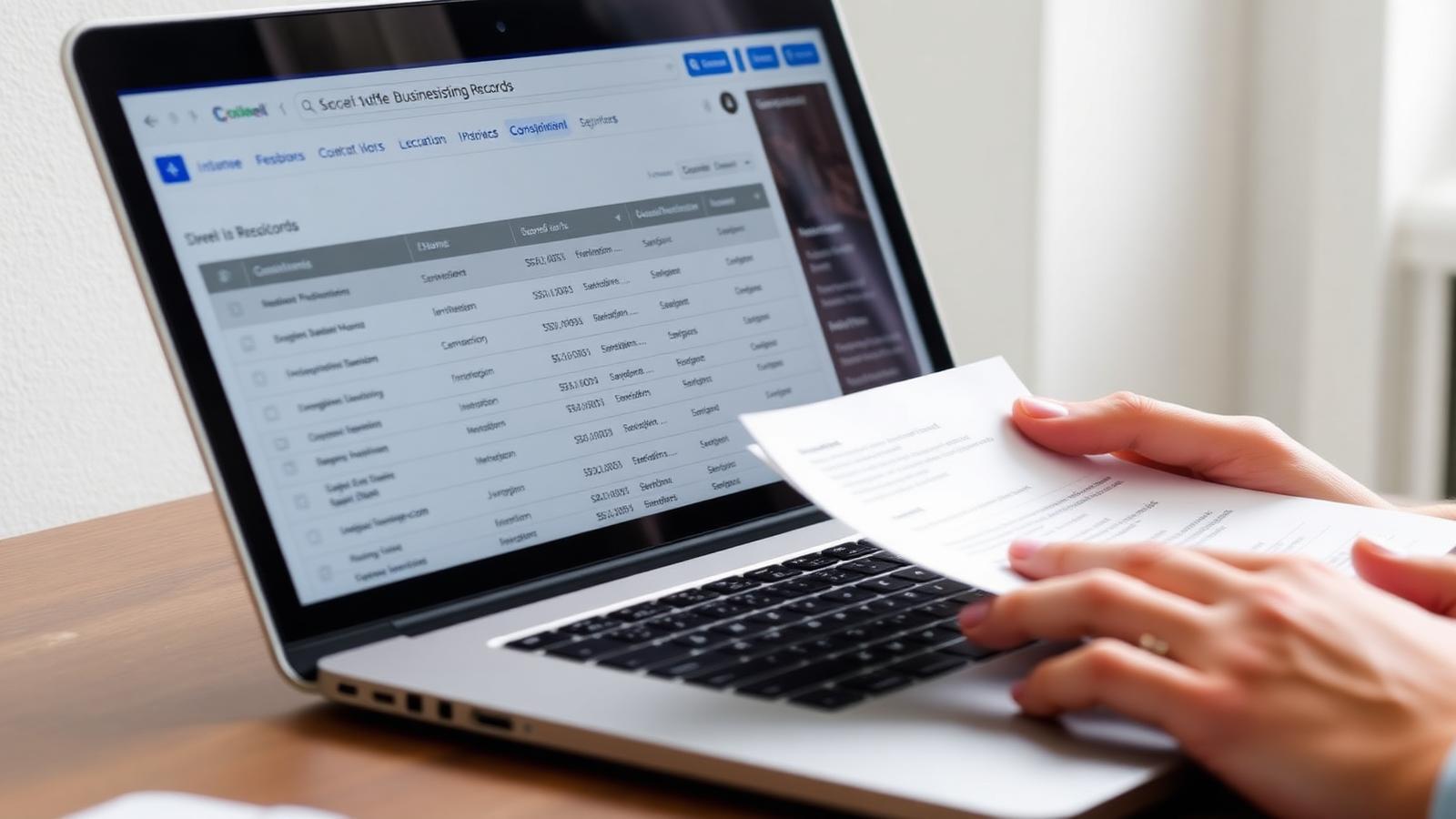 A person cross-checking printed business listing records against a laptop dashboard