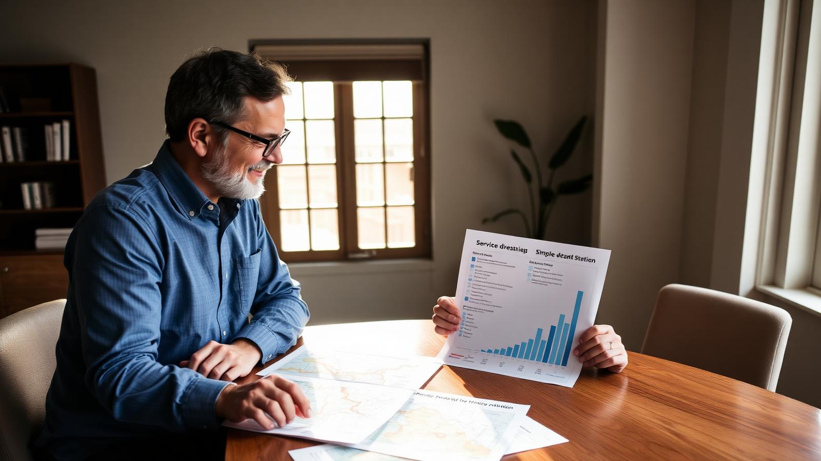 Business owner and advisor reviewing service-area maps and a growth chart at a table