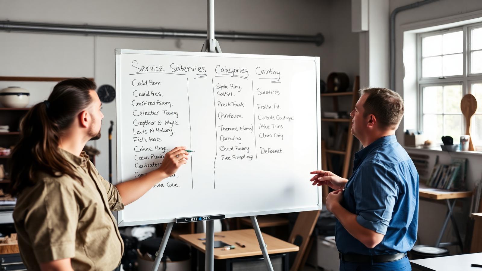 A whiteboard with service categories being sorted while two people discuss