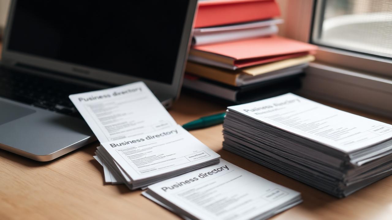Stack of printed business directory listing sheets on a desk beside a laptop
