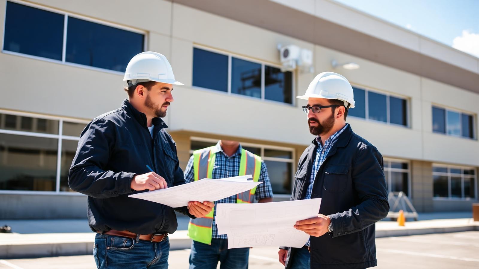 A contractor and a property manager reviewing plans outside a commercial building