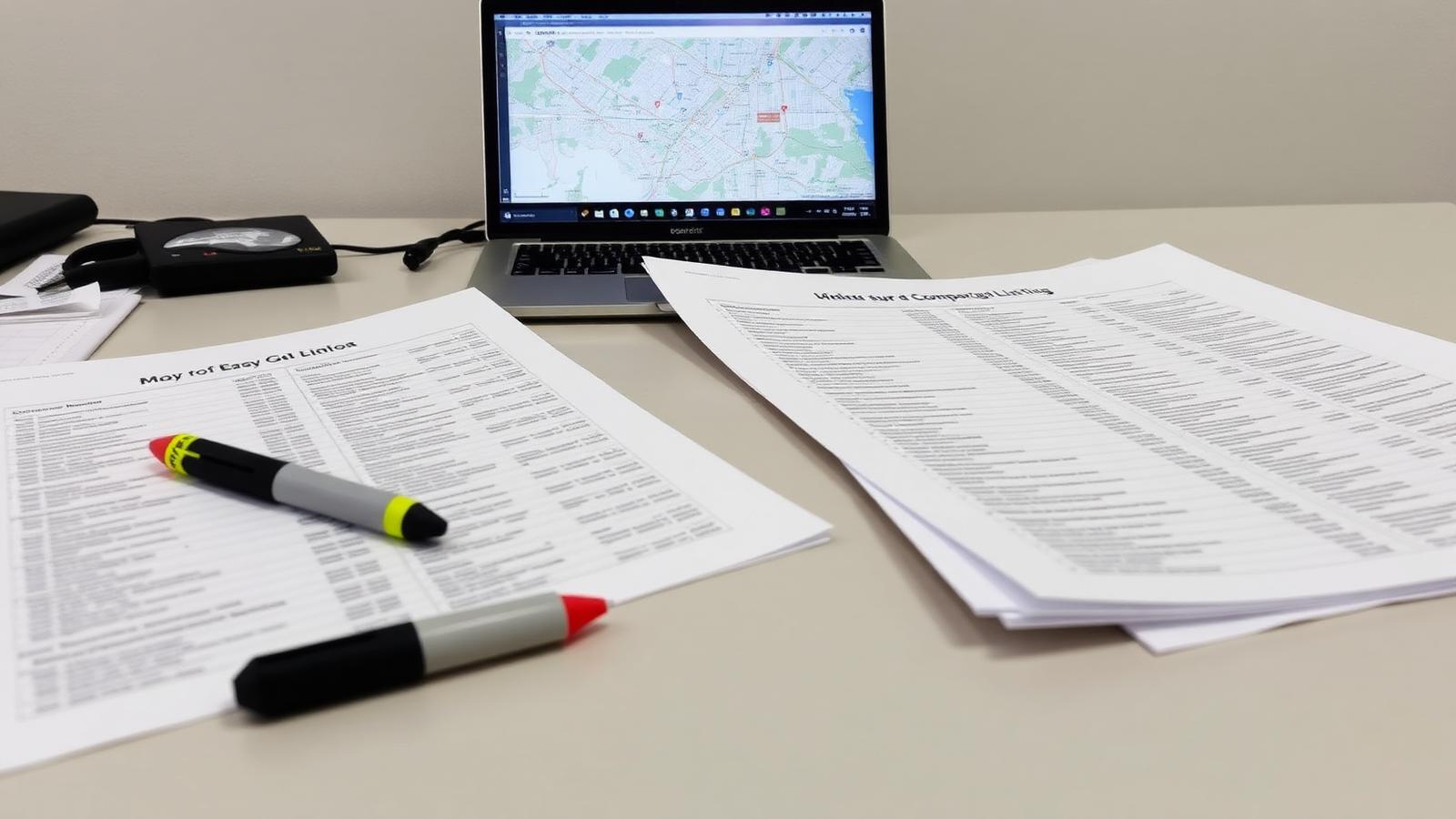 Printed listing comparison sheets on a desk beside a laptop showing a map