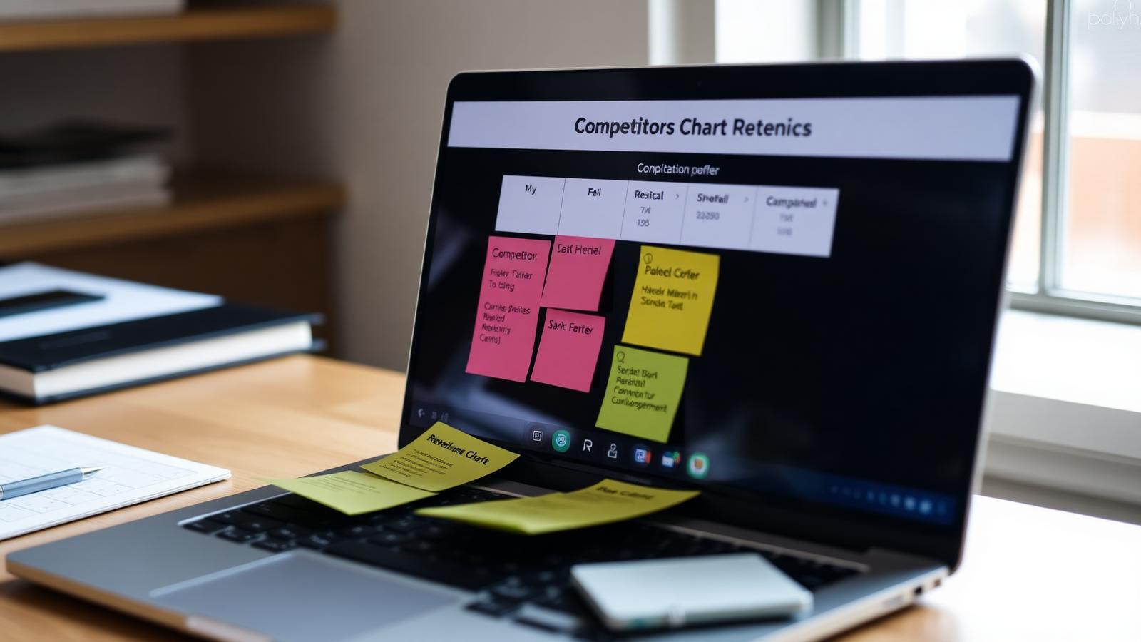 A competitor comparison chart on a laptop screen with sticky notes on a desk