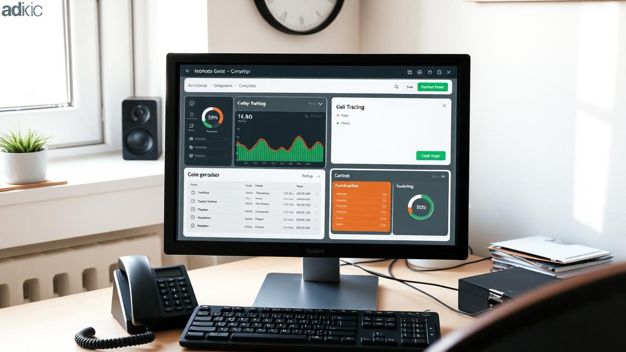 Office monitor showing a call tracking dashboard beside a desk phone and keyboard