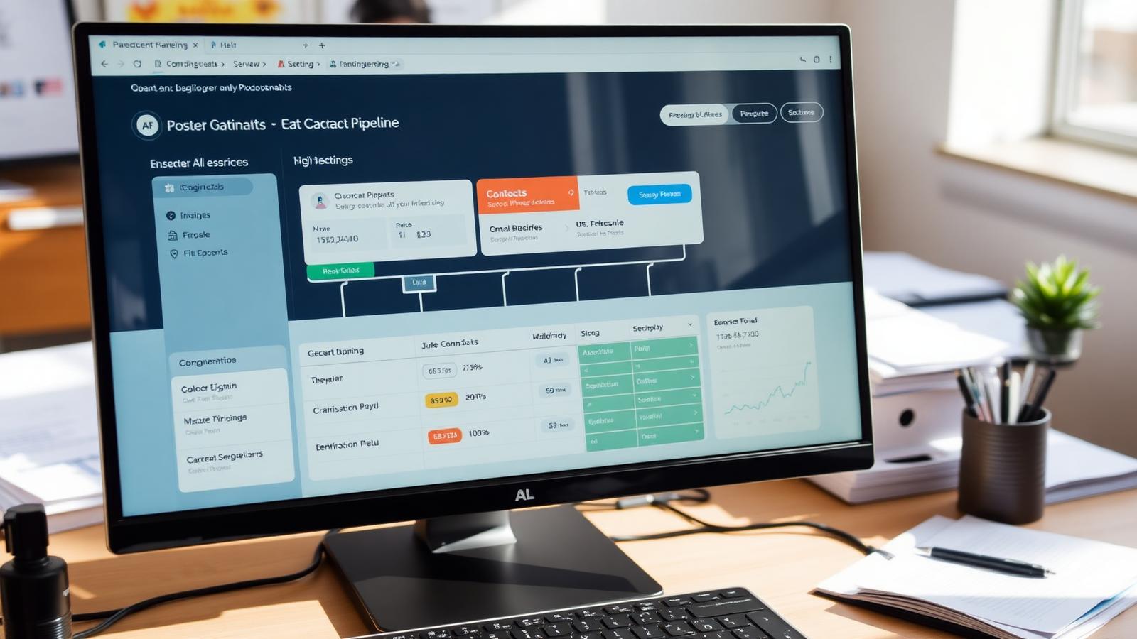 A CRM contact pipeline shown on a desktop monitor in a small business office