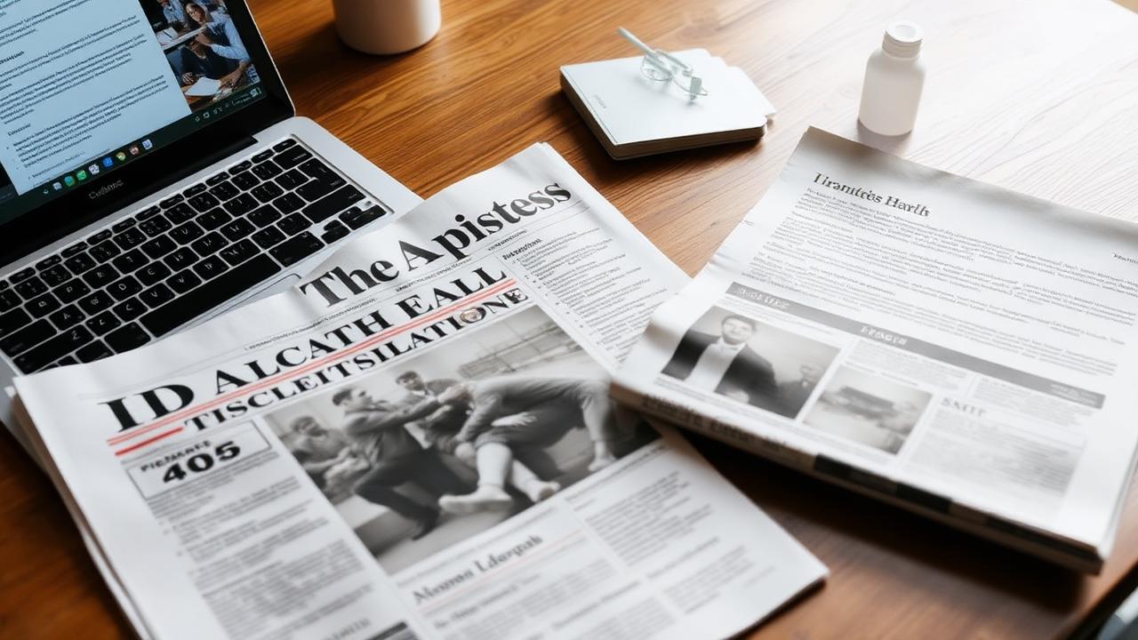 Local newspaper and trade magazine open on a table beside a laptop with an email draft