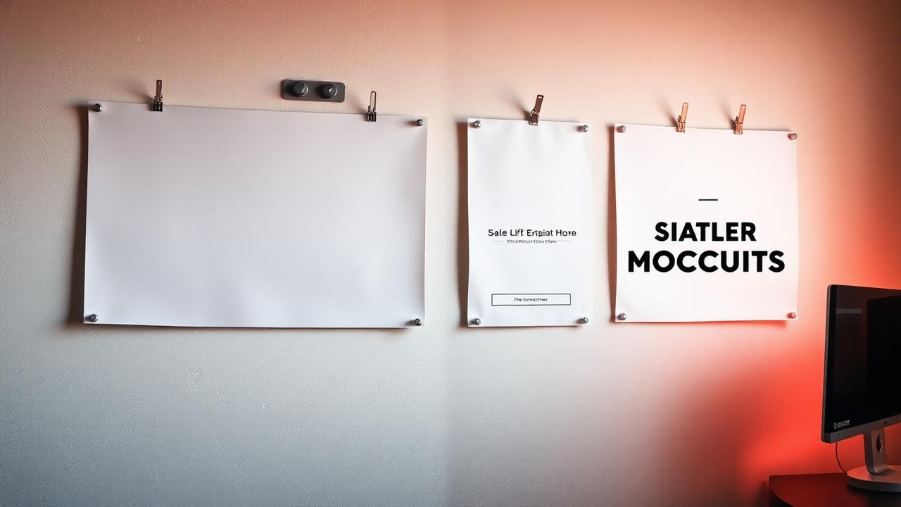 Banner ad creative mockups pinned on a studio wall beside a monitor