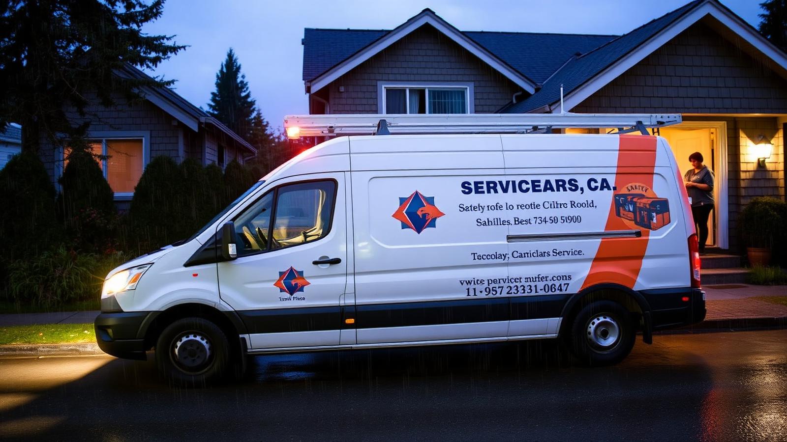 A service van parked at a house at dusk in the rain with a technician at the door