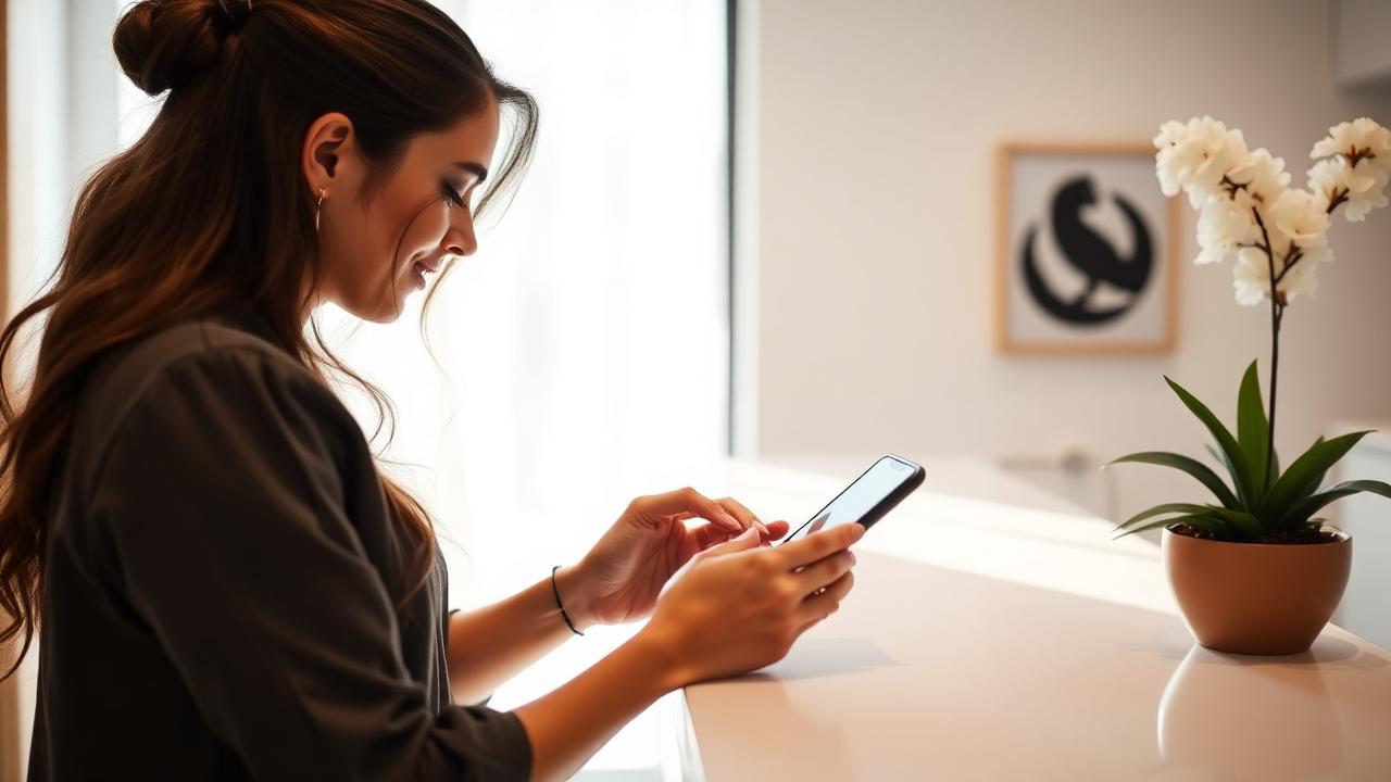 A med spa owner scrolling a social feed on a phone at a reception desk