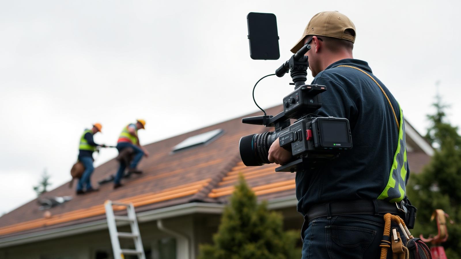 Small film crew with a cinema camera filming a roofing crew on a house
