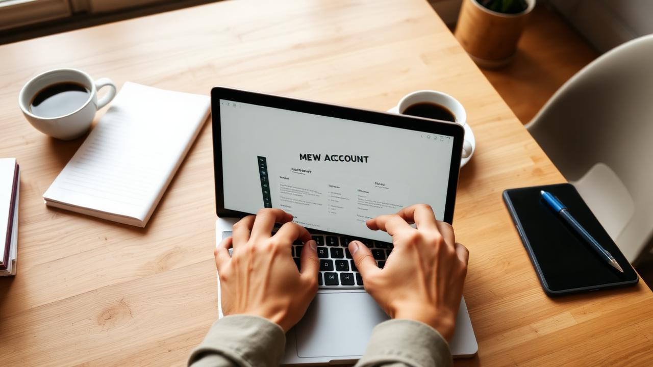 Hands building a new advertising account on a laptop at a wooden desk