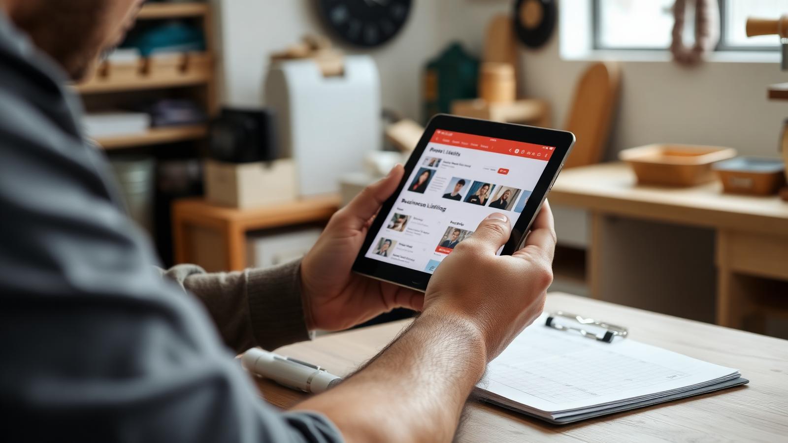 A person reviewing a business listing profile on a tablet at a workshop counter