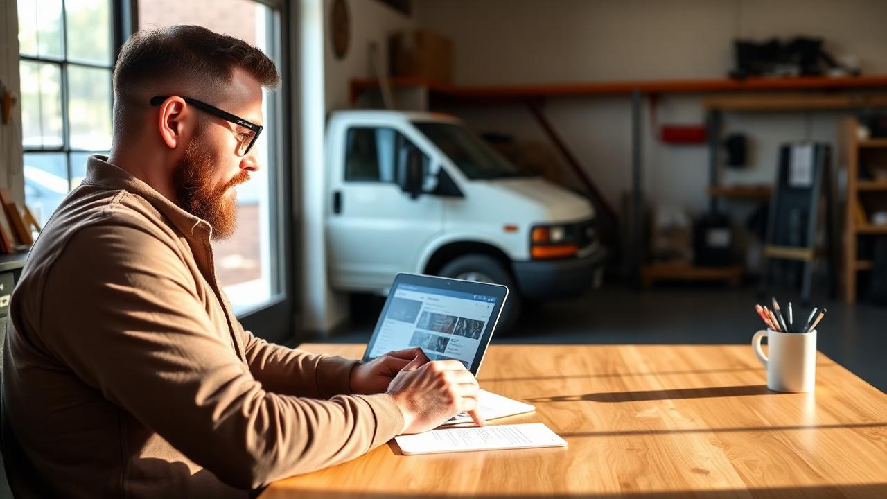Small business owner reviewing his Google Business Profile on a laptop with a work van behind him