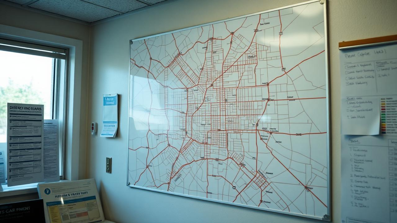 Neighborhood street map pinned to the wall of a small dispatch office with a route whiteboard