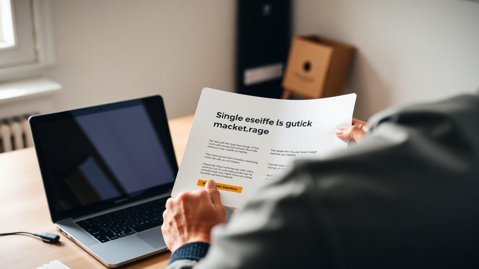 A person reviewing a printed single-offer landing page next to a laptop