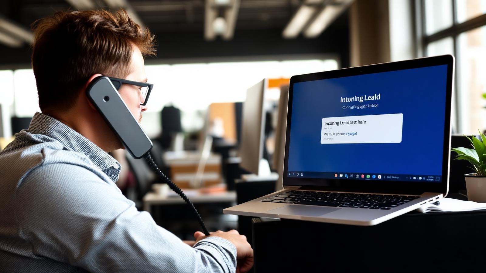 An office worker on a phone call with a lead notification showing on a laptop screen