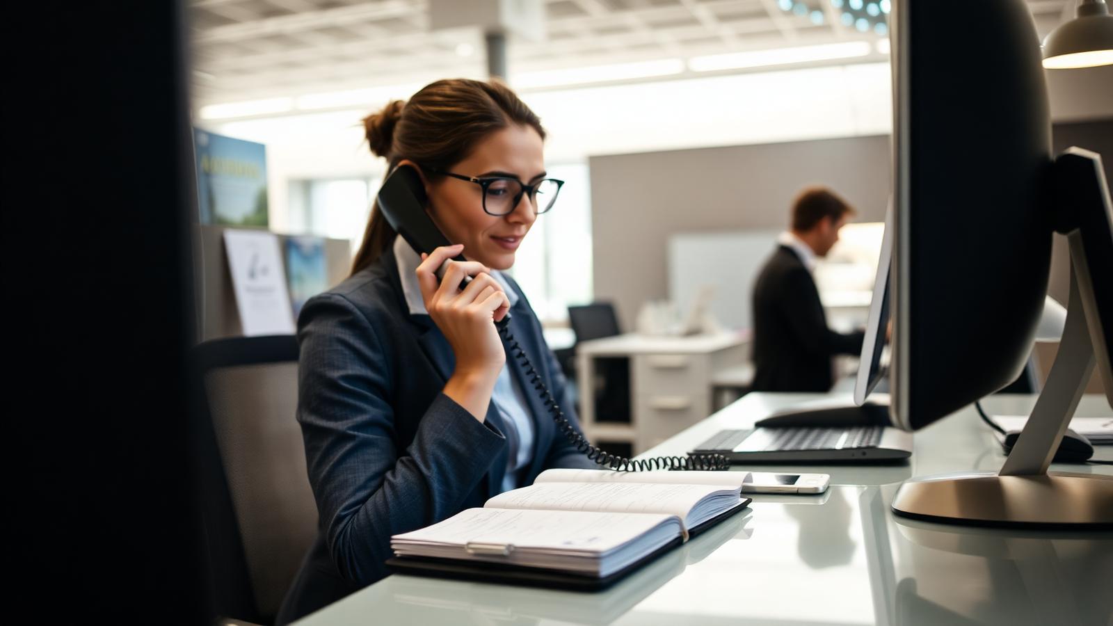 An office worker answering an incoming call at a service company front desk