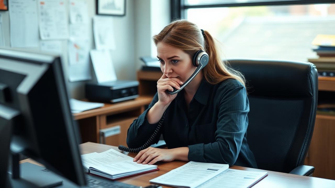 A roofing company dispatcher taking a phone call at a desk with job tickets