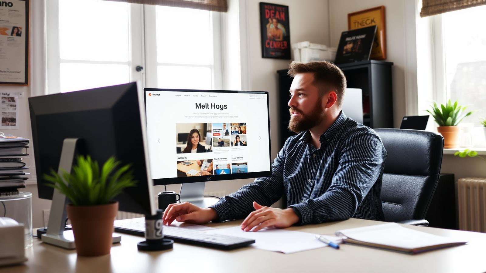 A contractor reviewing a new local business website on a desktop monitor