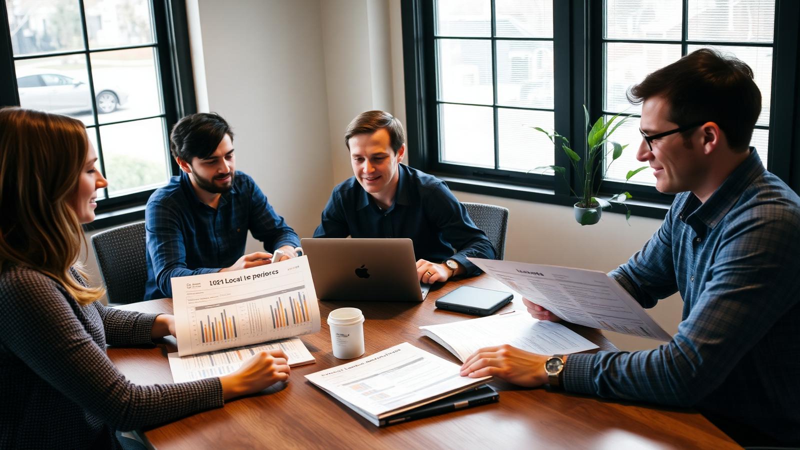 A small marketing team reviewing printed local search reports at a shared table