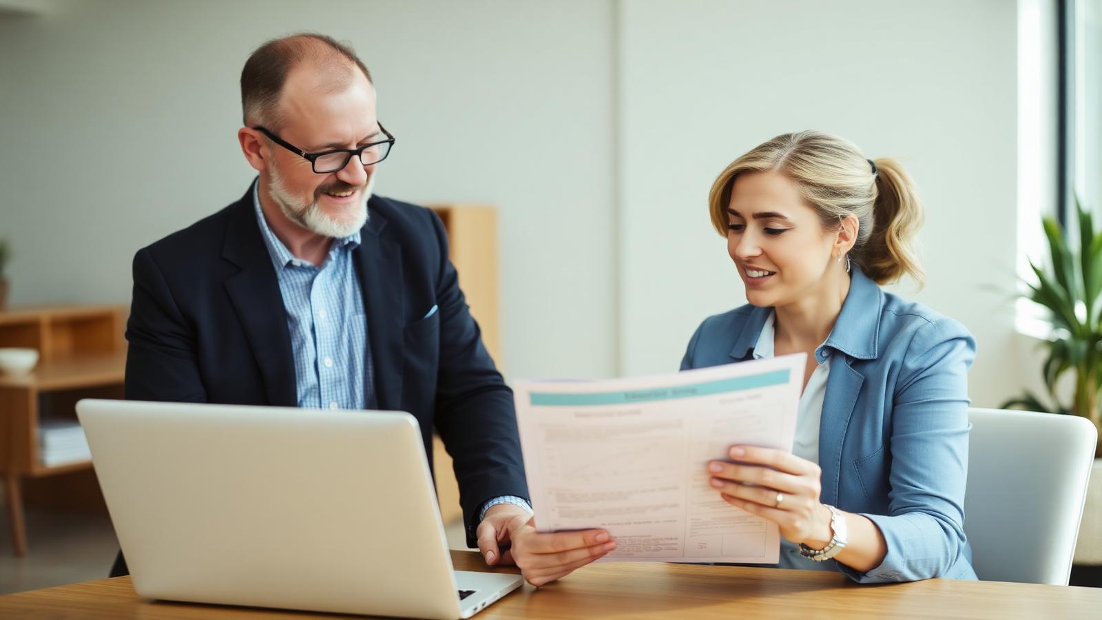 A business owner and an advisor reviewing a marketing plan on a laptop in an office
